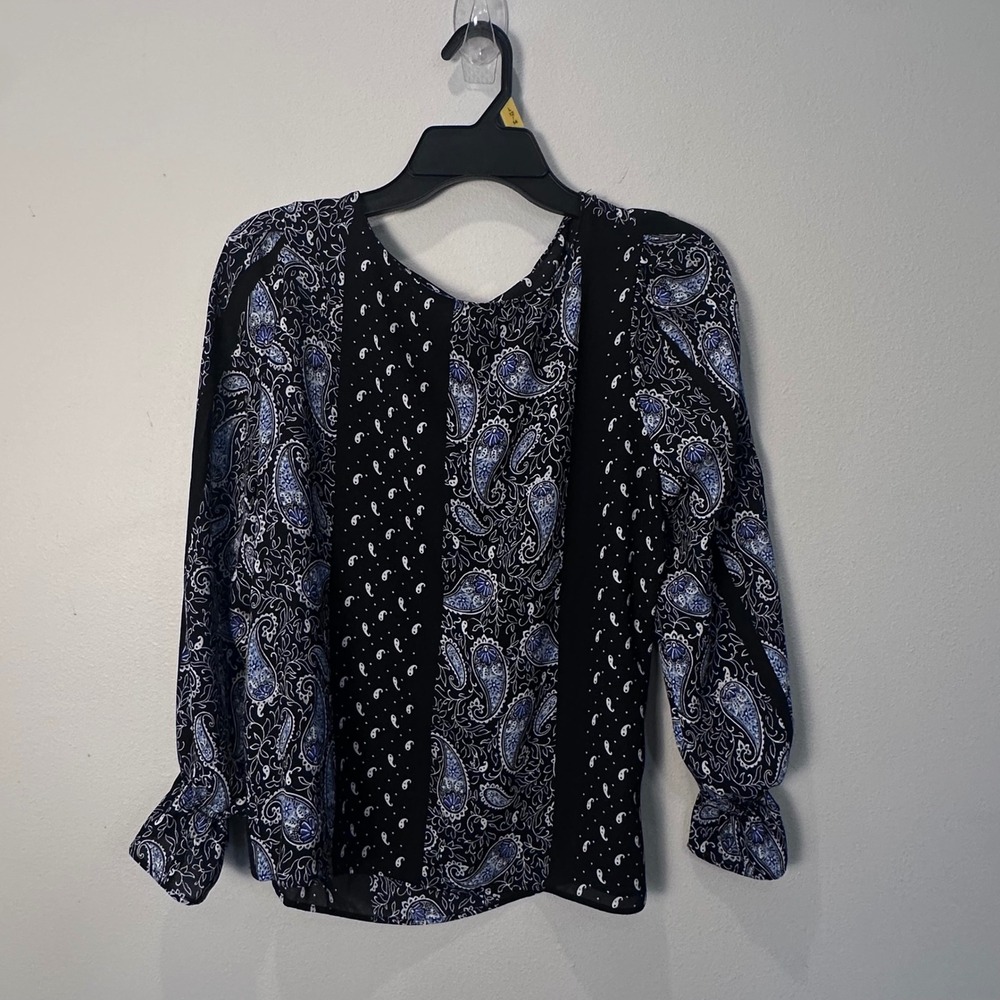 NWT Tahari Black Blue‎ Paisley Sheer Print V Neck Long Sleeve Blouse Top Size S